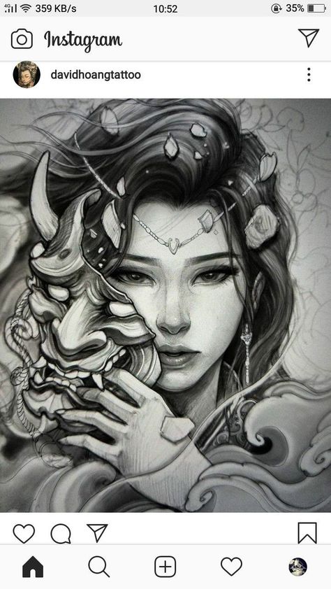 Geisha Hannya Mask Tattoo, Geisha Hanya Tattoo Design, Geisha Mask Tattoo, Oni Geisha, Geisha Sketch, Geisha Mask, Girl Samurai, Tato Geisha, Hannya Maske