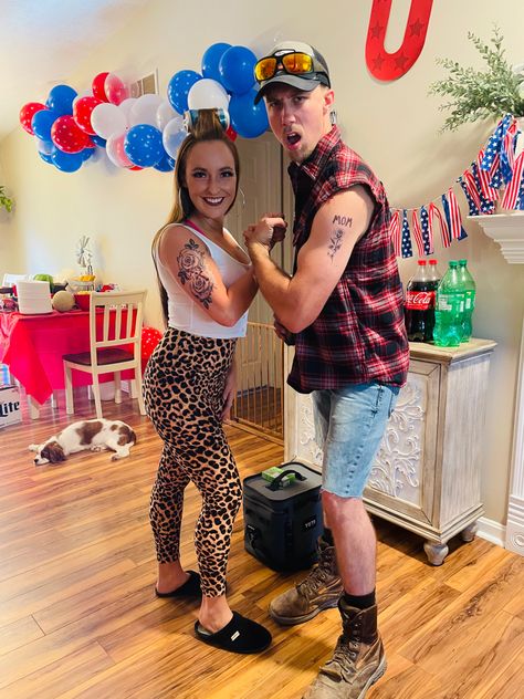 What Trash Party Outfit, Trailer Park Trash Party Outfit, Trailer Park Trash Costume Women, White Trash Wedding Outfits, White Trash Party Outfits Couples, Red Neck Outfit, White Trash Couple Costume, Red Neck Outfit Ideas, White Trash Bash Costumes