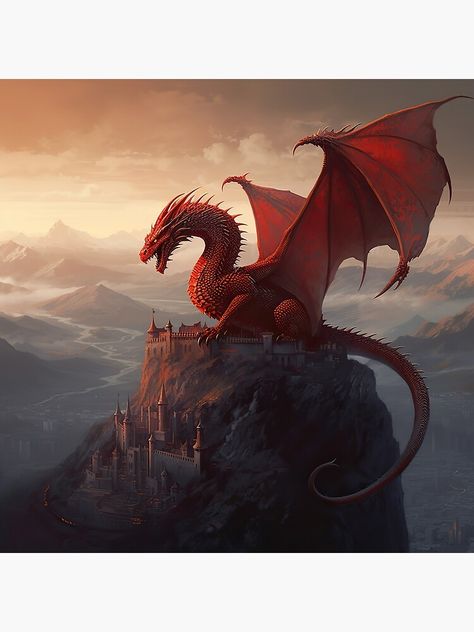 "Red Dragon Fantasy Painting - Magnificent Red Dragon Takes Over a Mountain Citadel in this Epic High Fantasy Digital Painting - very high resolution" Art Print for Sale by CloudofKnowing Mountain Dragon, Fantasy Paintings, High Fantasy, Red Dragon, Dragon Tattoo, Digital Painting, Jeep, High Resolution, Castle