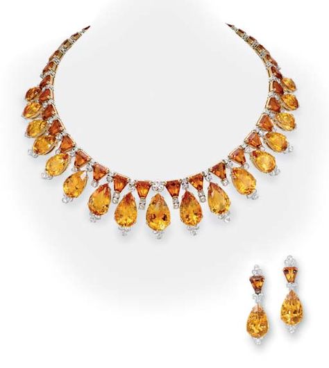 A SUITE OF CITRINE AND DIAMOND JEWELRY   Comprising a necklace, the front designed as a fringe of pear-shaped citrines with rose-cut diamond trefoil accents, suspended from a graduated hexagon-cut citrine and rose-cut diamond band; and a pair of ear pendants en suite, mounted in 18k white and yellow gold, necklace 15½ ins. Citrine Jewelry, Jewelry Appraisal, A Necklace, Gems Jewelry, Gorgeous Jewelry, Diamond Pendant Necklace, Stunning Jewellery, Diamond Pendant, Pear Shaped