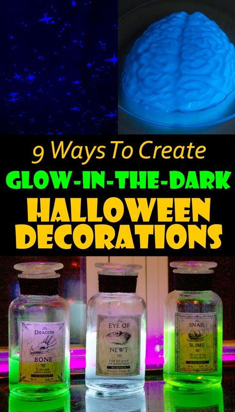 Glow In The Dark Liquid Diy, Glowing Halloween Decorations, How To Make Glowing Potions, Diy Glow In The Dark Halloween Decor, Glow Stick Halloween Decorations, Glow Stick Ideas For Halloween, Diy Glowing Potion Bottles, Glow Halloween Decorations, Halloween Glow In The Dark Decorations