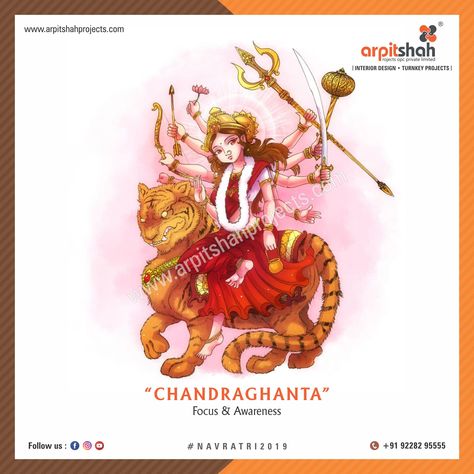 Devi Chandraghanta is the third form of Navdurga. Chanting the name of this Devi brings the mind in our control with increased alertness.  #Gujarati #Festival #Navratri #Garba #Interiordesign #Exteriordesign #ModularKitchen #CenterTables #TurnkeyProjects #Architecture #HomeDesign #HomeDecor #FacadeWork #Termite #Protection #Guaranteed #Pest #PestControlService #TotalSolution #PestRelatedIssues #ArpitShahProjects #Ahmedabad #India Day 4 Navratri, Navratri Devi Images, Activity Based Learning, Raksha Bandhan Images, Chaitra Navratri, Navratri Garba, Holistic Education, Key Projects, Happy Navratri Images