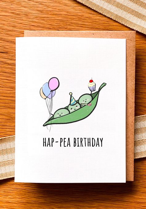 Hap Pea Birthday Card - Sweetpeas Card - Peas with balloons bday Card - kids birthday - Pun card Who doesn't like a good pun for their birthday? This cute little Pea card is perfect t! - Free shipping on all Paintedwaterworks orders $20 and over! They do not have to be the same card! If your purchase from my Etsy store is $20 or more, you will get free shipping!  - SIZE: 5.5 inches by 4.25 inches - Materials: Heavyweight White Linen Textured Card Stock and A2 Size Craft Colored Envelope Cute Homemade Cards Birthday, Happy Birthday Pun Cards, Gardening Birthday Cards, Funny Watercolor Cards, Diy Birthday Card Ideas Creative, Doodle Birthday Cards, Handmade Birthday Card Ideas Creative, Bday Cards Diy Creative, Birthday Cards Easy