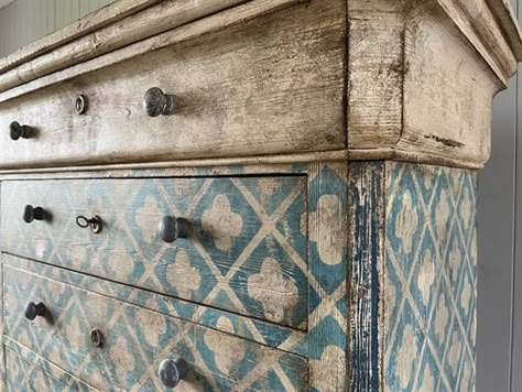 Antique Italian chest of drawers, re-painted with a decorative pattern Italian Painted Furniture, Tall Drawers, Furniture Painting Techniques, Boho Furniture, Decorative Pattern, Furniture Painting, Furniture Finishes, Wooden Furniture, Furniture Makeover