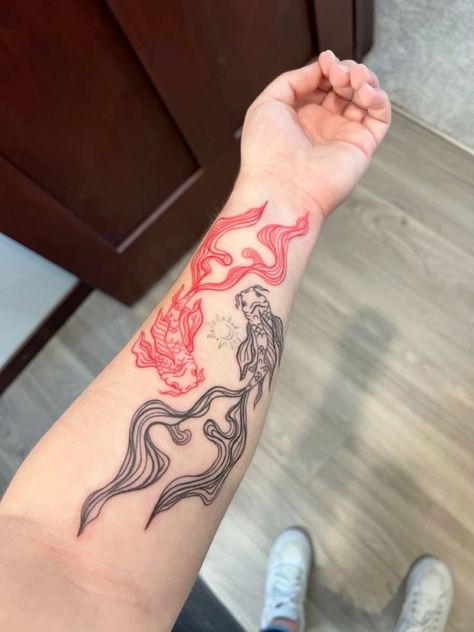 Red Wrap Around Tattoo, Red Anime Tattoo, Baddie Tats Side Arm, Black And Red Tattoo Sleeve, Red And Black Tattoo Sleeve, Red And Black Ink Tattoos, Dark Red Tattoo, Red Sleeve Tattoo, Arm Hand Tattoo