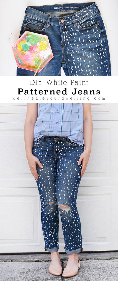 Learn how to make a simple and stylish DIY Blue Jean pattern with an easy tutorial! Create this fun white Paint Patterned Denim Jean which is perfect for a night on the town. Delineate Your Dwelling #whitepaintjeans #dashjeans #paintedjeans Diy Painted Jeans, Jean Pattern, Patterned Denim, Colored Denim Jeans, Painted Crafts, Painted Jeans, Patterned Jeans, Jeans Fabric, Fabric Markers