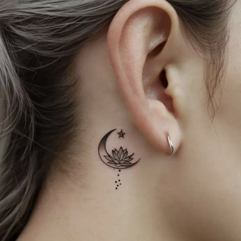 Discover the beauty and symbolism of Moon and Lotus Tattoos in this unique collection. Combining the serene lotus flower with the mystique of the moon, these designs represent growth, enlightenment, and feminine energy. Perfect for those seeking a meaningful tattoo that embodies both spiritual awakening and the cycles of life. Explore elegant and intricate designs that blend nature and cosmic elements for a timeless look. #MoonAndLotusTattoos #TattooInspiration #SpiritualTattoos Spiritual Ear Tattoo, Tattoo For Girls Unique Meaningful, Lotus Behind Ear Tattoo, Lotus Ear Tattoo, Lotus Tattoo Behind Ear, Moon Tattoo Ear, Lotus Flower Tattoo Behind Ear, Om Tattoo Design Women, Small Moon Tattoos For Women