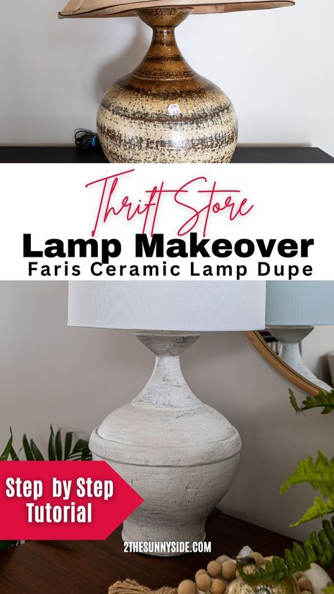 Looking to give your lamp base a fresh look? Check out this easy paint project that will give your lamp an updated farmhouse style. This is perfect if you're looking for a pottery barn dupe diy! This simple lamp makeover is quick and easy with amazing before and after photos. #paintedlampbase #thriftstorelampmakeover #lampmakeover Diy Pottery Lamp Base, Painting Lamps Base, Lamp Base Makeover, Painted Lamp Base, Thrift Store Lamp Makeover, Easy Pottery, Pottery Barn Lamps, Updated Farmhouse, Painted Lamp