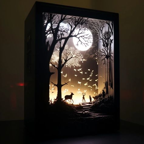 30 Creative Shadow Box Ideas to Turn Keepsakes into Art Creepy Shadow Box Ideas, Light Up Diorama, Memory Cricut Ideas, Diy Christmas Shadow Boxes With Lights, Make Shadow Box Diy, Photo Shadow Box Ideas Diy, Autumn Shadow Box Ideas, Shadow Box Painting Ideas, Lighted Shadow Box Ideas Diy