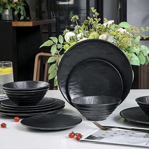 Amazon.com | Melamine Dinnerware Sets - 12pcs Plates and Bowls Sets, Dishes Plates Set, Outdoor and Indoor use, Black: Dinnerware Sets Black Dinnerware Set, Black Dinnerware, Melamine Dinnerware Sets, Plates And Bowls Set, Kitchen Wares, Dishes Plates, Camping Bbq, Fiesta Dinnerware, Dining Plates