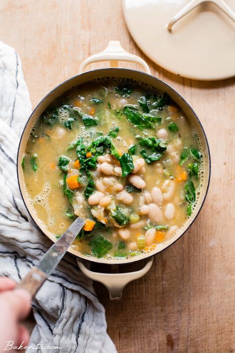 This Creamy Vegan Kale & White Bean Soup is so flavorful, filling, and ready to eat in about 30 minutes. This easy soup recipe is gluten-free, dairy-free, and full of plant-based protein. Soup Recipes With Kale, Recipes With Kale, Kale White Bean Soup, Kale White Bean, White Bean Soup Recipes, Vegan Stew, Gluten Free Sourdough, Vegan Pesto, Bean Soup Recipes