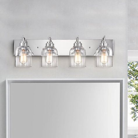 Thierry is a traditionally designed, transitional style, chrome finish, bathroom vanity fixture. The clear glass, bell-shaped shade, hangs beautifully upwards and downwards. If you're looking for a unique fixture for the restroom, look no further! Also, the open shades make light bulb changes a breeze. This fixture takes four 100W E26 bulbs and is compatible with fluorescent, incandescent, and LED bulbs. This fixture is dry/damp listed and UL listed, also recommended for non-residential and ... Silver Light Fixture, Small Bathroom Plans, Chrome Vanity Light, Finish Bathroom, Bathroom Lights, Bathroom Redesign, Chrome Bathroom, Bathroom Light, Bathroom Reno