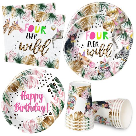 PRICES MAY VARY. 【Four Ever Wild Birthday Party Supplies】These safari birthday decorations tableware for girl's four-year-old birthday are designed with beautiful wild animals, and leaves, when you are setting up a 4th birthday decorations, this is the perfect animal birthday party decorations, Using these tableware kits can bring you happiness and unforgettable party memories with your kids and guests 【Wild Animal 4th Birthday Party Supplies】Our four ever wild birthday plates and napkins party Young Wild And Three Birthday Girl, Wild And Three Decorations, Two Wild Birthday Party, 2nd Birthday Decorations, Two Wild Birthday, Third Birthday Girl, Three Birthday, Safari Party Decorations, Jungle Party Decorations