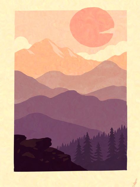 Simple Monochromatic Painting, Mountain Sunset Painting Easy, Sunset Drawing Easy, Monochromatic Mountain Painting, Mountain Sillhoute Painting, Sun And Mountain Painting, Geometric Sunset, Mountain Sunset Art, Mountain Sunset Painting