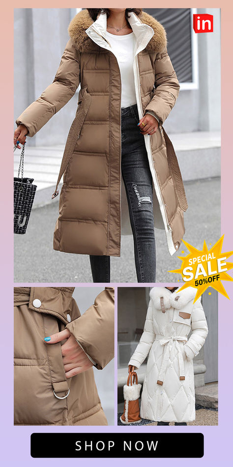 Women's Winter Coat Long Puffer Jacket Warm Parka with Removable Faux Fur Collar Windproof Jacket with Belt Zipper Heated Hoodie Jacket Outerwear Long Sleeve Italy Wardrobe, Women's Winter Coat, Long Winter Coats Women, Long Puffer Jacket, Windproof Jacket, Long Puffer, Womens Parka, Fleece Coat, Faux Fur Collar