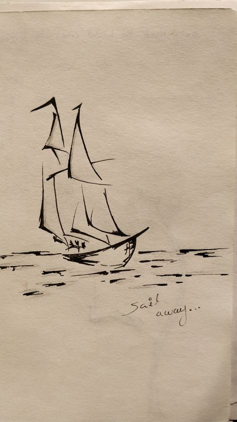 Kayak Sketch, Sailing Ship Drawing, Ship Sketch, Beach Sketches, Chat Diy, Landscape Pencil Drawings, Sail Life, Pen Art Drawings, Ship Tattoo