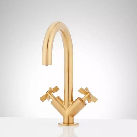 Vassor Single-Hole Bathroom Faucet, Gold Faucet Bathroom, Signature Hardware Bathroom, Bathroom Setup, Gold Faucet, Bar Faucets, Porcelain Sink, Single Hole Bathroom Faucet, Gold Kitchen, Widespread Bathroom Faucet