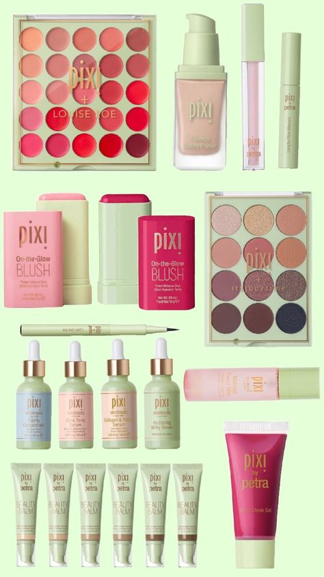 #pixi #pix! #makeup #skincare #blush #serum #green #aesthetic Pixi Beauty Aesthetic, Pixi Make Up, Pixi Makeup Products, Pixi Skincare, Makeup Collage, Pixi Makeup, Pixie Makeup, Aesthetic Shuffles, Bday Wishlist