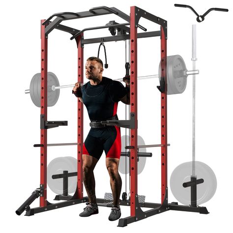 Mikolo Power Cage with LAT Pulldown System, 1200 Pounds Capacity Power Rack, Multi-Functional Squat Rack with 13-Level Adjustable Height and J-Hooks, T-Bar, F4 Versions Barbell Storage, Practical Accessories, Functional Workouts, Dip Bar, Lat Pulldown, Olympic Weights, Power Tower, Smith Machine, Steel Frame Construction