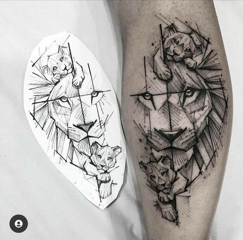 Lion And Family Tattoo, Lion Family Tattoo For Women, Animal Family Tattoo, Geometric Lion Tattoo Design, Father Tattoo Ideas, Lion Family Tattoo, Family Tattoos For Men, Geometric Lion Tattoo, Tier Tattoo