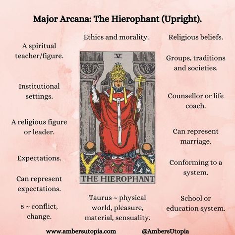 The Hierophant, in upright position from the Major Arcana suit in the tarot deck and its meanings, including the astrology and numerology meanings. 

#TheHierophant #MajorAcarna #TarotCardMeanings #Tarot The Heirphont Tarot Card Meaning, Tarot Major Arcana Meanings, The Hierophant Tarot Meaning Reversed, The Hierophant Tarot Card Art, The Emporer Tarot Cards Meaning, The Hierophant Tarot Meaning, Tarot The Hierophant, Major Arcana Meanings, Numerology Meanings