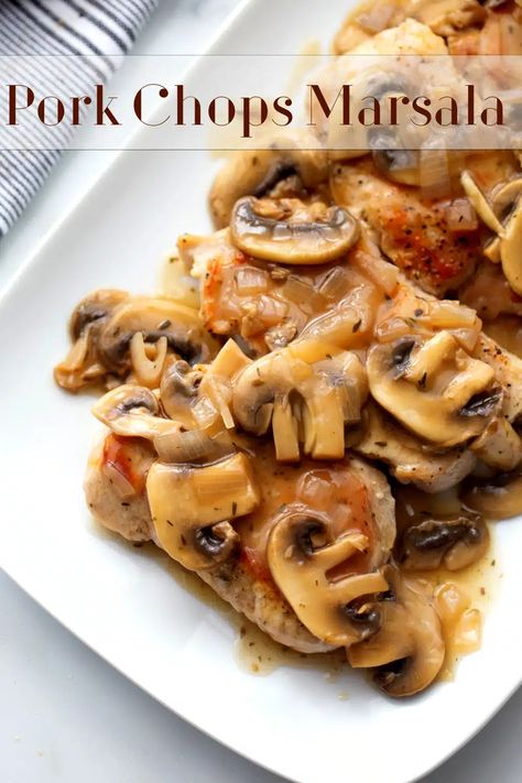 For an effortless spin on chicken marsala, switch things up with boneless pork chops and make this delicious Pork Marsala. Seared to perfection and simmered in a glossy sauce teeming with golden-brown mushrooms and sweet marsala wine. Dinner in fifteen minutes with a hint of elegance, this pork chop dinner is one you'll make again and again. via @cmpollak1 Pork Marsala, Parmesan Crusted Pork Chops, Pork Chop Recipe, Marsala Recipe, Pork Recipes For Dinner, Pork Schnitzel, Pork Chop Dinner, Glazed Pork Chops, Boneless Pork Loin