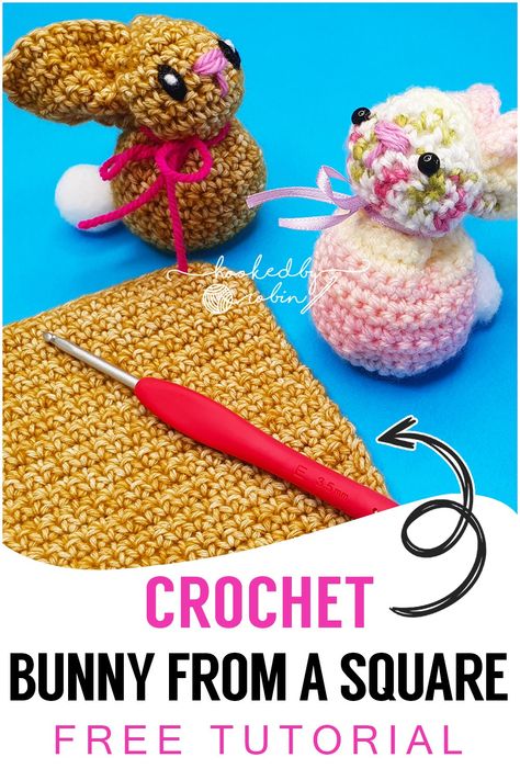 Crochet a Bunny from a Square! [Free Video Tutorial & Written Pattern!] Crochet Bunny From A Square, Easy Crochet Rabbit Free Pattern, Crochet Bunny Square, Easy Crochet Easter Patterns, Easy Bunny Crochet Pattern Free, Crochet Easter Free Pattern, How To Crochet A Bunny, Granny Square Bunny, Classroom Crochet