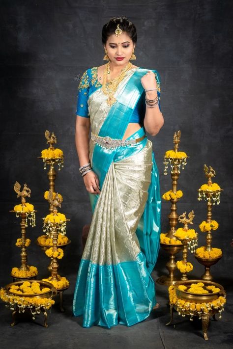 Bridal Reception Saree, Pattu Sarees Wedding, Saree Color Combinations, Engagement Saree, Blue Combination, Latest Bridal Blouse Designs, Bridal Sarees South Indian, New Saree Designs, Wedding Saree Blouse Designs