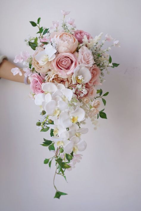 Bride Bouquets 2023, Wedding Flowers Cherry Blossom, Beautiful Wedding Bouquet, Dangling Wedding Bouquet, Wedding Bouquets Orchids And Roses, Bridal Bouquets 2023, Cascading Wedding Bouquets Pink, Cherry Blossom Bridal Bouquet, Orchid Flower Bouquet Wedding