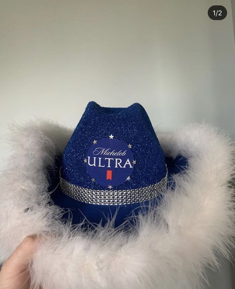 Cowboy Hats Decorated Like Alcohol, Alcohol Cow Girl Hats, Michelob Ultra Cowboy Hat, Liquor Hats, Diy Alcohol Hats, Liquor Cowgirl Costume, Cowboy Hat Alcohol, Alcohol Themed Cowboy Hats, Alcoholic Drinks Halloween Costumes