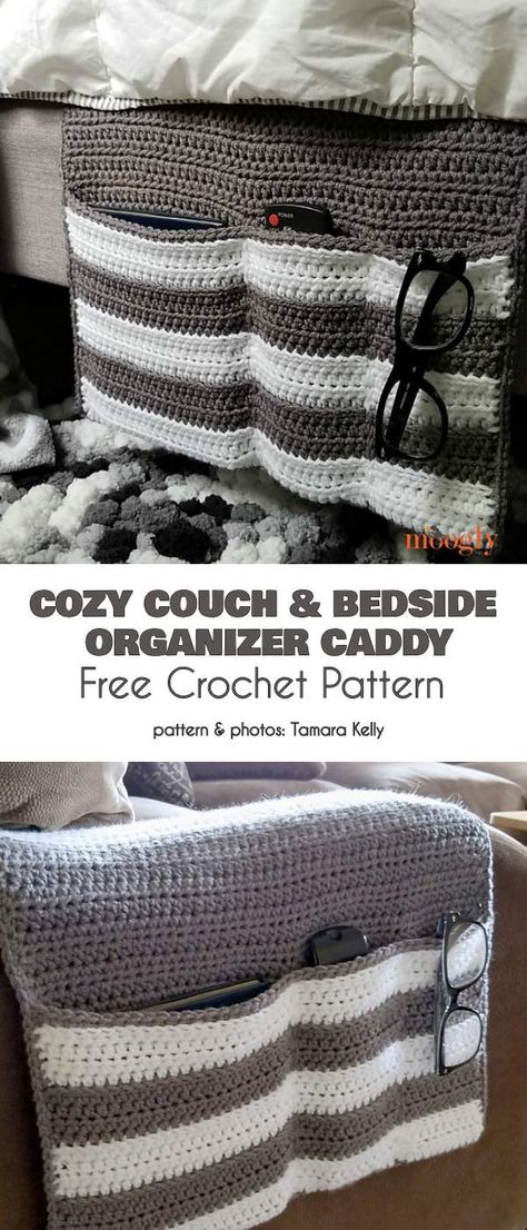 Cozy Couch Bedside Organizer Caddy Free Crochet Pattern #freecrochetpatterns #crochetcaddy #crochetorganizer Crochet Projects For Around The House, Crochet Caddy Free Pattern, Crochet Projects For Mom, Cool Crochet Projects, Household Crochet, Useful Crochet Projects, Crochet Quotes, Bedside Organizer, Crochet Organizer