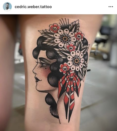 Traditional Female Head Tattoo, American Traditional Romani, Romani Traditional Tattoo, Trad Lady Head, Traditional Woman Head Tattoo, Traditional Lady Face Tattoo, Romani Woman Tattoo, Lady Face Tattoo Design, Romani Tattoos