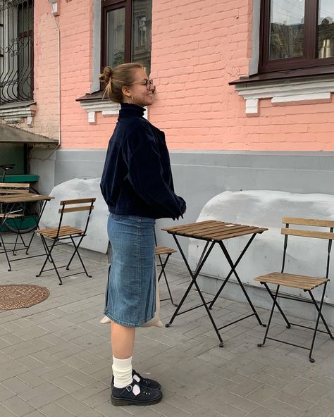 latest trends on the streets of Ukrainian capital - bringin back fashion of socks with oldschool Dc Martins and mom’s denim skirt. Add on top retro jacket and ypu are rocking Kyiv streets! #kyivstreetstyle #kyiv #streetstyle #fashion #streetfashion #denimskirt #dcmartins #socksandmartins #retro #90sstyle #denimstyle #denim #denimfashion #retrojacket #blueputfit #monochrome #monochromeoutfit Ukrainian Street Style, Retro Jacket, Monochrome Outfit, 90s Fashion, Ukraine, Denim Fashion, Denim Skirt, Old School, Latest Trends