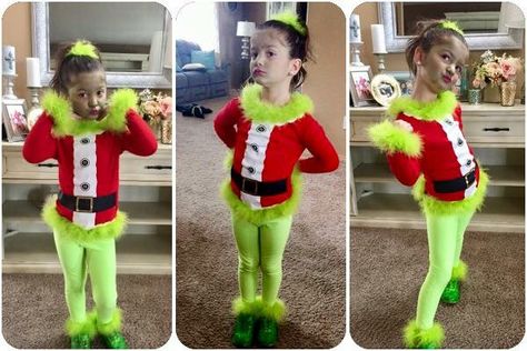 Grinch costume. Dr Seuss costume day Grinch Day Outfit, Grinch Birthday Party Outfit, Grinch Day Outfit Kids, Grinch Girl Costume, Grinch Dress Up, Grinch Dress Up Day At School, Grinch Day At School Costume, Grinch Characters Costumes, Grinch Day At School Outfit