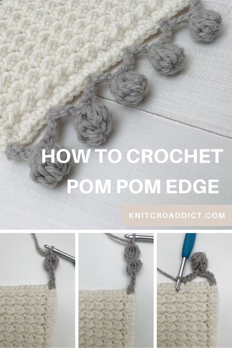 This is a quick tutorial on how to add a crochet pom pom border to your crochet projects. It’s a great way to add some flair to your crochet edges. #crochetpompomborder #crochetpompom #crochetborder #crochetedges #crochet #crochetpattern #easycrochet Picot Crochet, Crochet Blanket Border, Crochet Pom Pom, Chunky Crochet Blanket Pattern, Crochet Blanket Edging, Crochet Border Patterns, Stitches Pattern, Bobble Crochet, Border Patterns