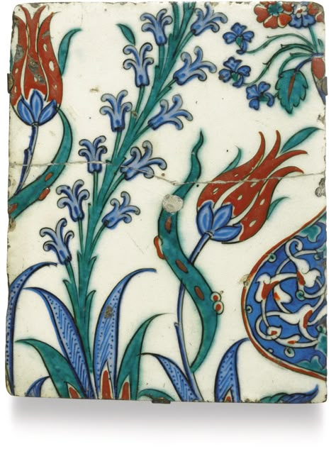 Turkey: IZNIK POTTERY TILE WITH HYACINTHS AND TULIPS decorated in underglaze blues, viridian green and bole red with black outlines, mounted glazed fritware 24.2 by 19.4cm., 9 1/2 by 7 5/8 in. circa 1550-1600 Ceramic Turkey, Handbuilt Ceramics, Islamic Tiles, Muslim Art, Iznik Tile, Pottery Patterns, Turkish Tile, Turkish Tiles, Antique Tiles