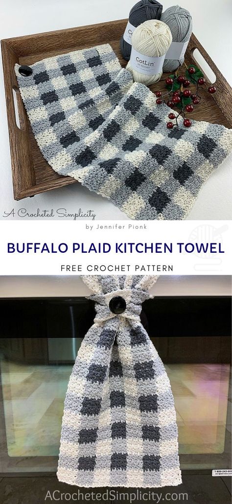 Buffalo Plaid Kitchen Towel Free Crochet Pattern Crochet Buffalo, Buffalo Plaid Kitchen, Plaid Kitchen, Crochet Towel Topper, Crochet Kitchen Towels, Kitchen Crochet, Plaid Crochet, Dishcloth Crochet Pattern, Crochet Towel