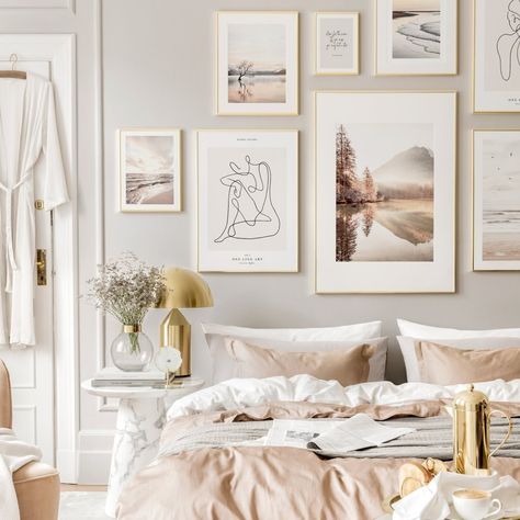 Create A Soothing Haven With These 9 Calm Bedroom Ideas — The Style Diary. Calm Bedroom Ideas, Posters Nature, Golden Sunrise, Different Interior Design Styles, Wall Inspiration, Calming Bedroom, Makeover Bedroom, Gallery Wall Inspiration, Poster Store