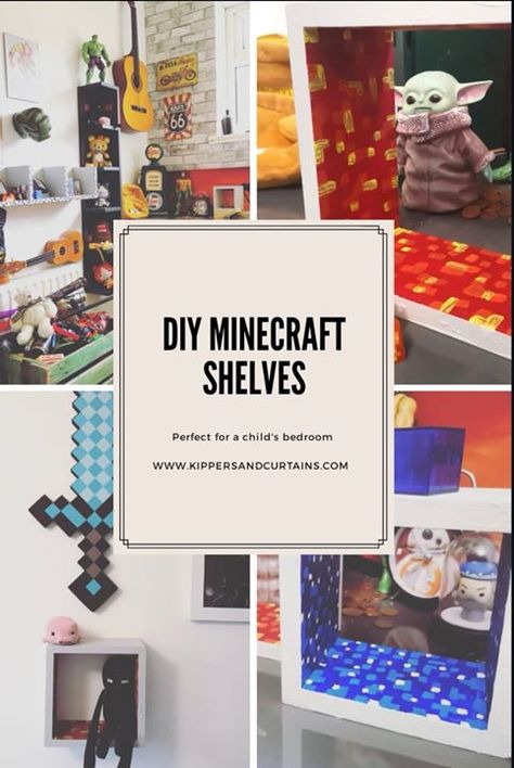 Easy DIY Minecraft shelves Minecraft Diy Bedroom Decor, Minecraft Diy Crafts Bedrooms, Diy Minecraft Decor, Minecraft Shelves, Minecraft Bookshelf Ideas, Minecraft Game Room, Minecraft Diy, Minecraft Box, Diy Minecraft Decorations