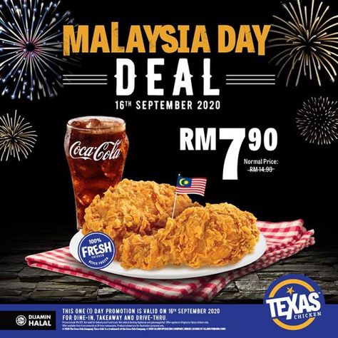 Texas Chicken Malaysia Day Promotion on 16 September 2020 2 Pieces Chicken + 1 Soft Drink @ RM7.90 Texas Chicken, Malaysia Day, Chicken Design, Food Poster, Graphic Templates, Soft Drinks, Menu Design, Food Menu, Fried Chicken