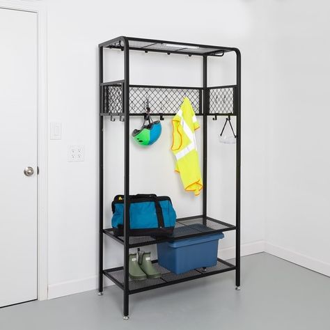 Black Steel Garage Entryway Storage Rack - Bed Bath & Beyond - 38927707 Entryway Shelving, Organize Clothing, Garage Entryway, Garage Shelving Units, Steel Shelving Unit, Utility Shelves, Steel Garage, Bike Helmets, Furniture Storage Cabinets