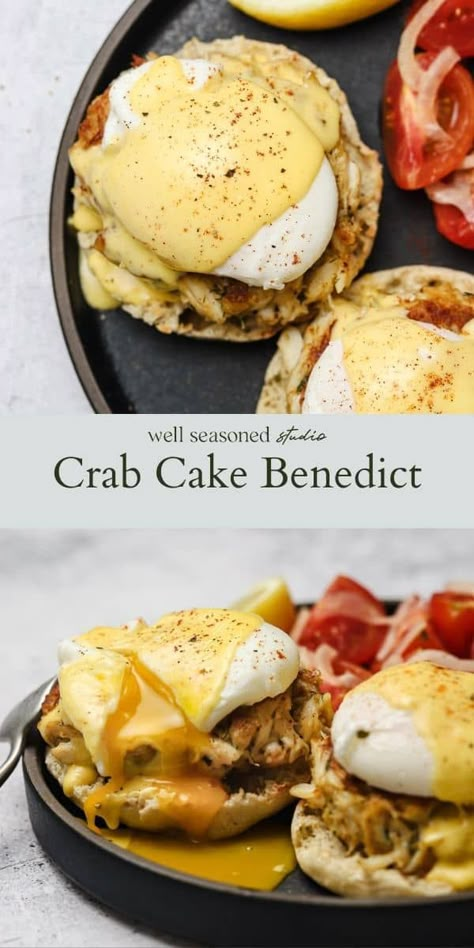 Crab Cake Breakfast, Crab Cakes Eggs Benedict, Crab Cakes Benedict, Seafood Eggs Benedict, Breakfast Crab Recipes, Breakfast Fish Recipes, Crab Eggs Benedict Recipe, Crab Cake Eggs Benedict, Crab Cake Eggs Benedict Recipe