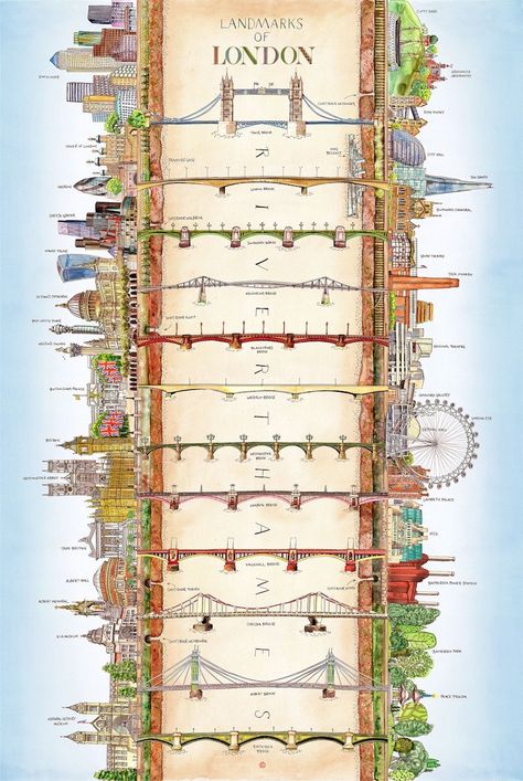 London Urban, Beautiful Sketches, Public Realm, London Map, London Landmarks, Canary Wharf, Iconic Buildings, River Thames, Illustrated Map