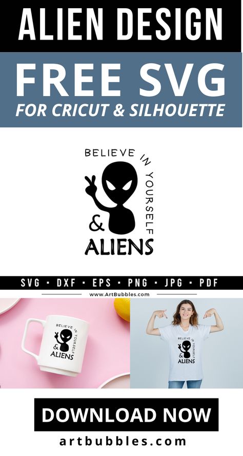 Free Alien and UFO SVG design. Ideal for printing on a variety of items like t-shirts, mugs, signs, cards, decals or anything else you can imagine! This Alien SVG File is a freebie for crafters to make Alien shirts & Alien mugs for Alien lovers using Cricut, silhouette, etc. A zip file contains SVG, DXF, PNG, EPS, JPG & PDF formats. #svg #aliensvg #alienfreesvg #cutfile #free #alientshirt #alienmug #alienshirt #alienbelieve #ufosvg #freesvg #freeufosvg Alien Svg Free, Alien Shirts, Alien Svg, Alien Tshirt, Using Cricut, Alien Design, Silhouette Png, Believe In Yourself, Svg Free