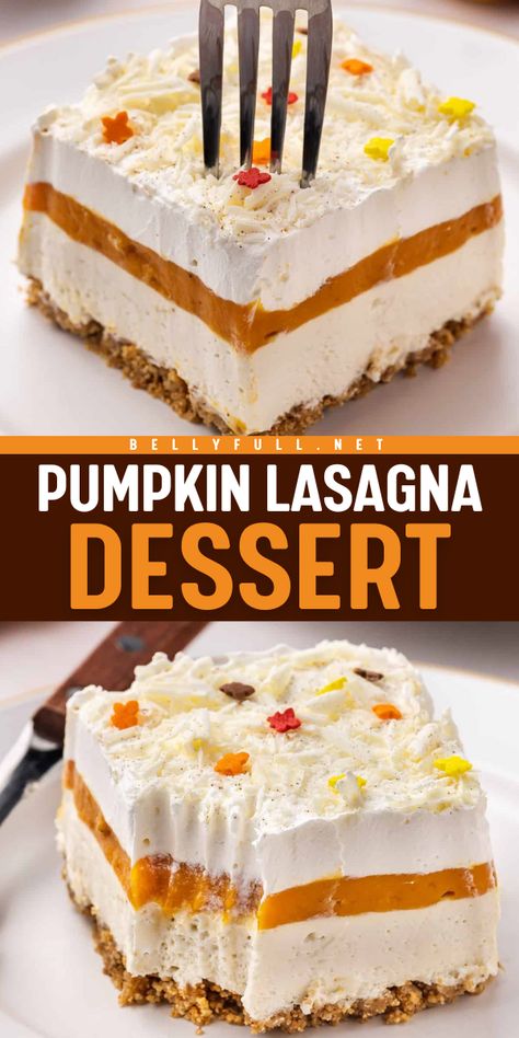 Try this Pumpkin Lasagna Dessert—a no-bake sensation layered with spiced crust, creamy cream cheese, velvety pumpkin puree, and finished with whipped cream and white chocolate shavings. Perfect for simple fall desserts and pumpkin food ideas! Pumpkin And Cream Cheese Desserts, No Bake Pumpkin Lasagna Dessert, Pumpkin Pie Lasagna Dessert, Fresh Pumpkin Dessert Recipes, Pumpkin Lasagna Recipe, White Pumpkin Recipes, Pumpkin Cheesecake Lasagna, Christmas Lasagna Dessert, Simple Thanksgiving Desserts