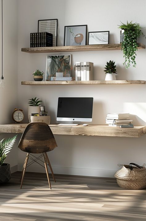 Floating Desk With Shelves Above, Shelf Over Desk Ideas, Office Floating Shelves Above Desk, Above Desk Shelves, Floating Desk Bedroom, Desk With Floating Shelves, Floating Shelf Desk, Wall Desk Ideas, Shelf Above Desk