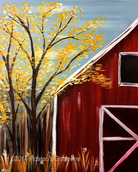 Fall Sip And Paint Ideas For Beginners, East Fall Painting Ideas, Cute Thanksgiving Paintings On Canvas Easy, Fall Barn Painting, Fall Scenery Paintings Easy, Fall Pictures To Paint On Canvas, Fall Paint Party Ideas Canvases, Fall Landscape Paintings Easy, Fall Paintings On Canvas Easy Aesthetic