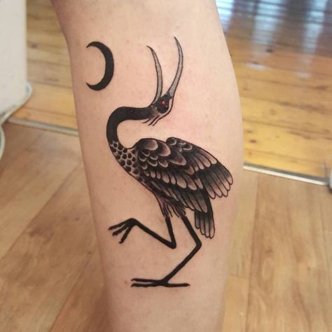 Ibis and moon tattoo done by Steve Boyd, Berserk Tattoo, Melbourne. - Imgur Ibis Tattoo, Berserk Tattoo, Walk Ins Welcome, Tattoo Neck, Tarot Card Tattoo, Cool Tattoo, Make Tattoo, Calf Tattoo, Card Tattoo