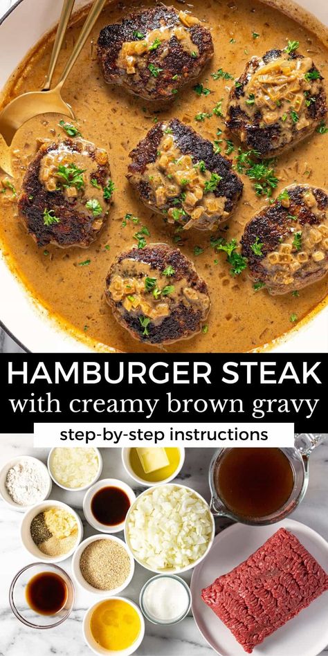 The Easiest Hamburger Steak Recipe Chili Mac Recipe Easy, Best Gravy Recipe, Hamburger Steak Recipes, Hamburger Steak And Gravy, Hamburger Steaks, Pan Gravy, Recipes Pork, Dinners Recipes, Night Recipes