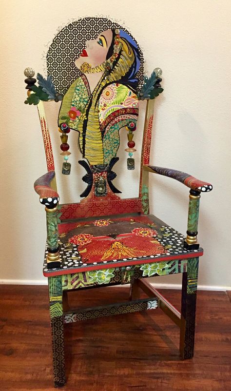 Art Chairs, Chair Art, Chair Painting Art, Chair Whimsey, Painted Wooden Chairs Boho, Painted Furniture Ideas Trippy, Trippy Furniture Painting, Wood Chair Makeover, Hand Painted Furniture Trippy